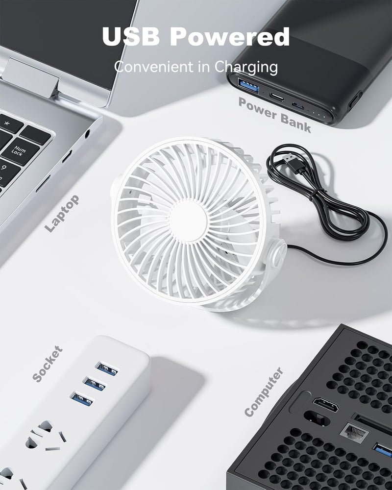 Edvision USB Desk Fan, 5 Inch Mini Portable, 3 Speeds Strong Airflow Personal Desktop, Detachable Cooling Fan 360° Rotation Quiet Small Fan for Desk Home Office Travel Car, White, 5ft Cable - Image 4